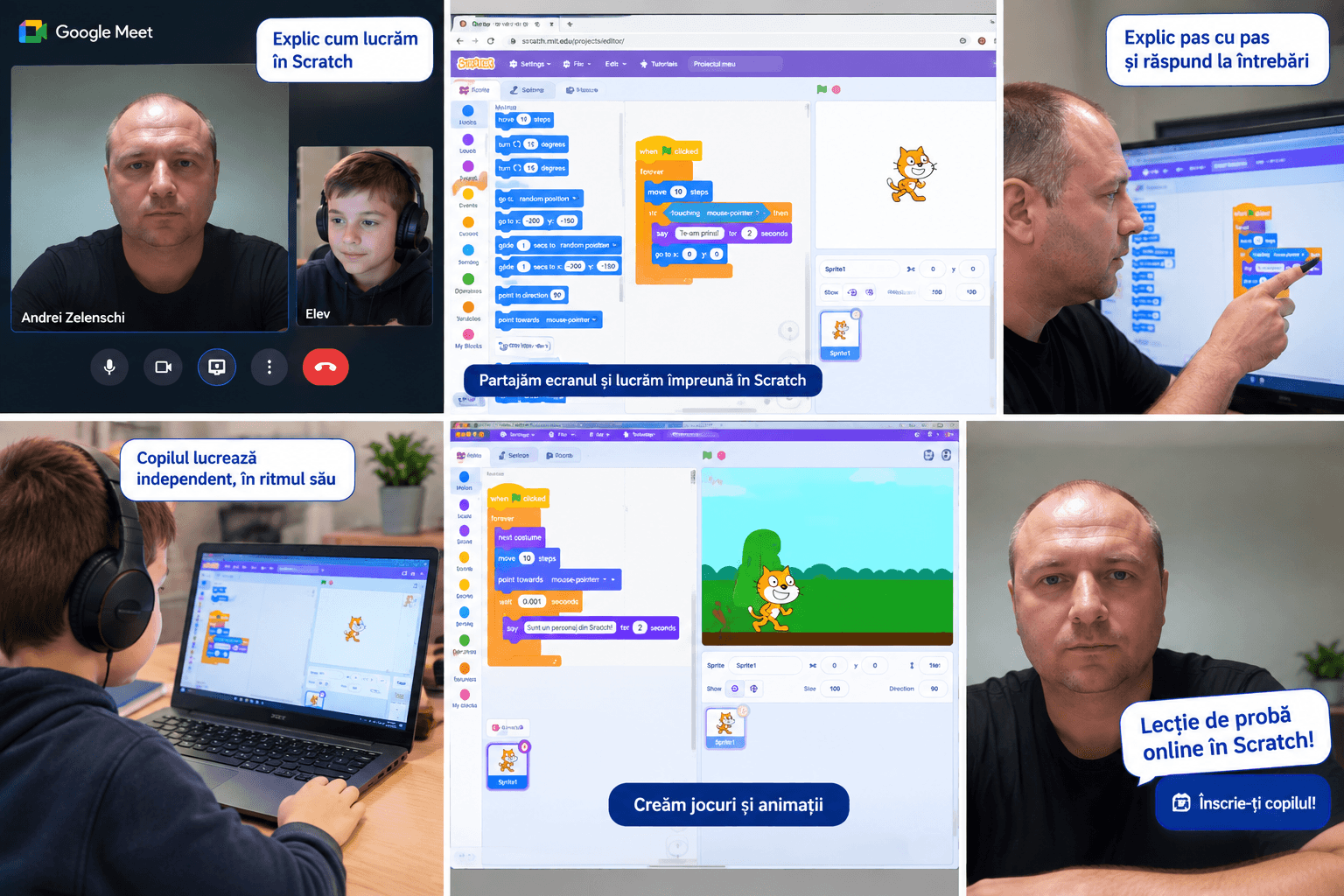 Copil la o lecție de probă online de programare, prin Google Meet, cu Scratch pe ecran