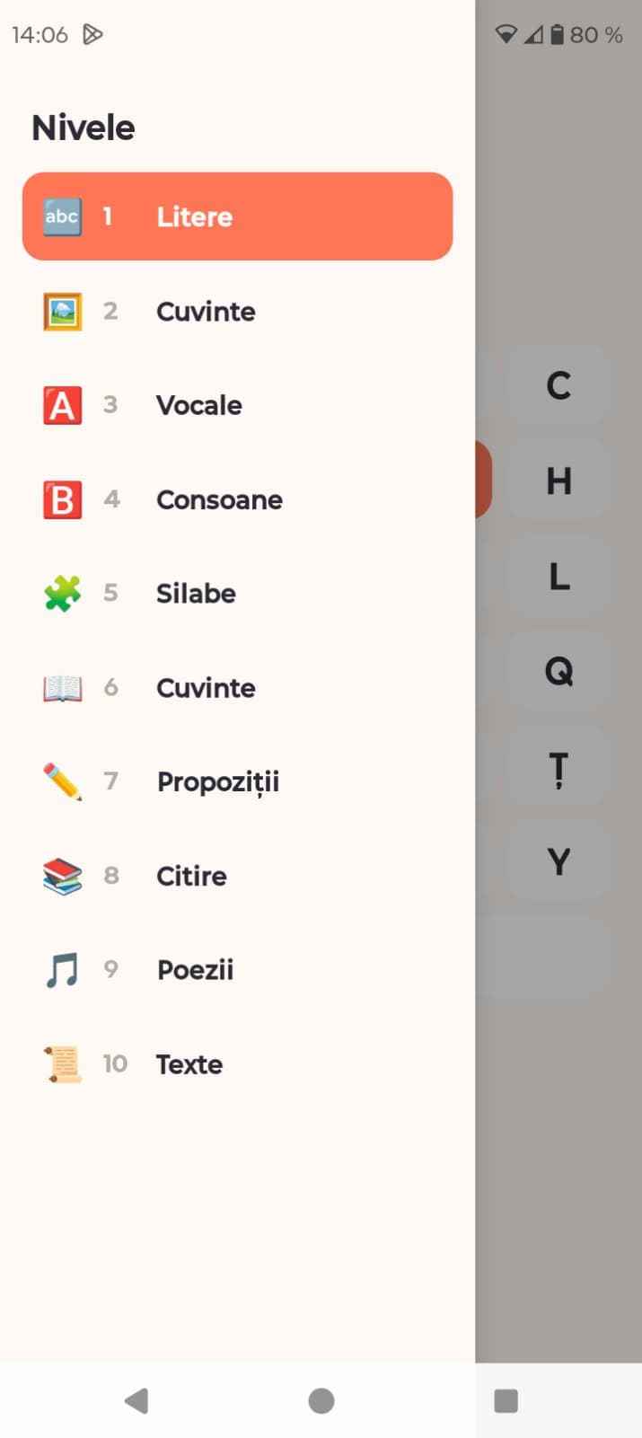 Meniul cu cele 10 niveluri din aplicație