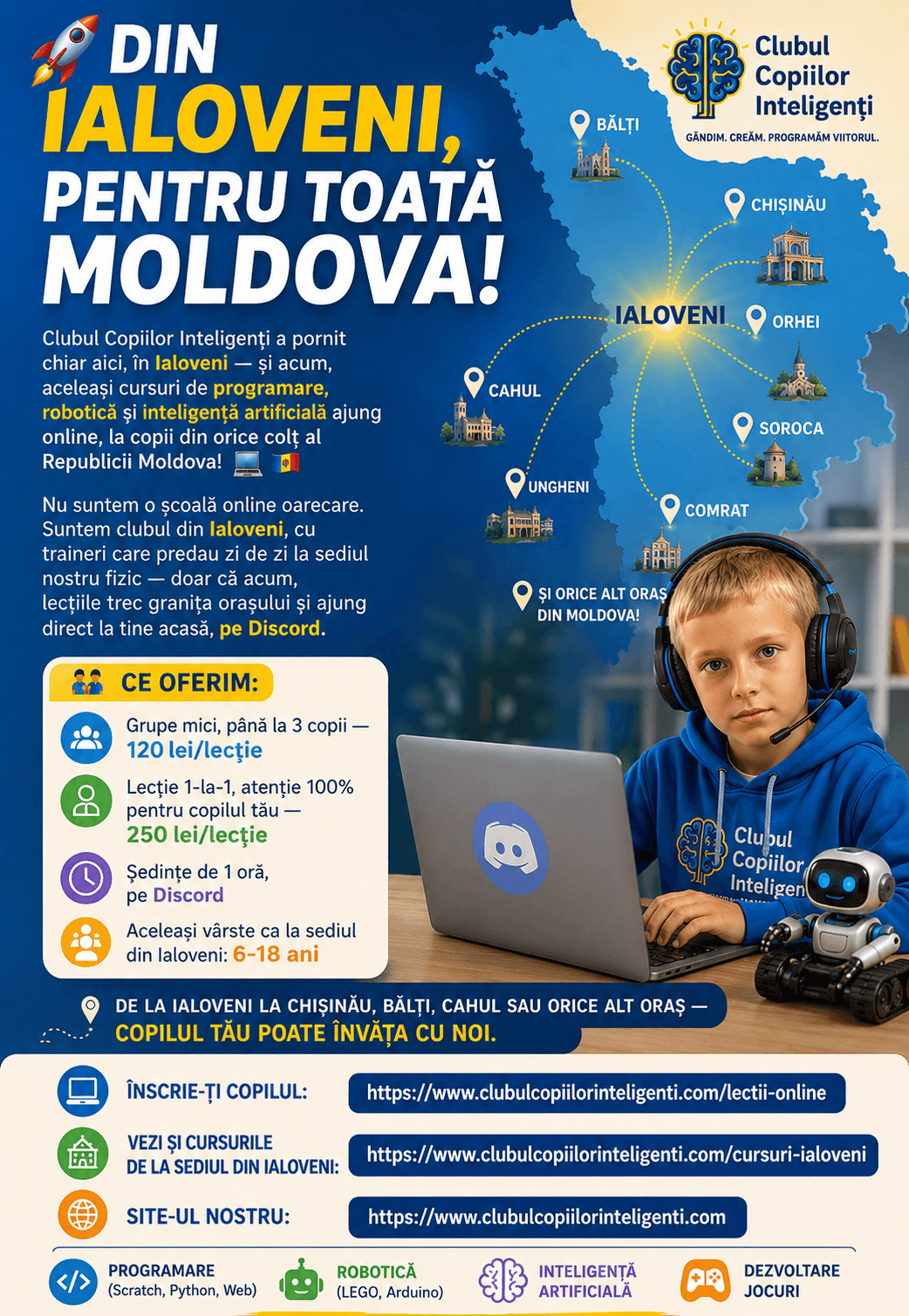 Din Ialoveni, pentru toată Moldova — lecții online de programare, robotică și AI pe Discord